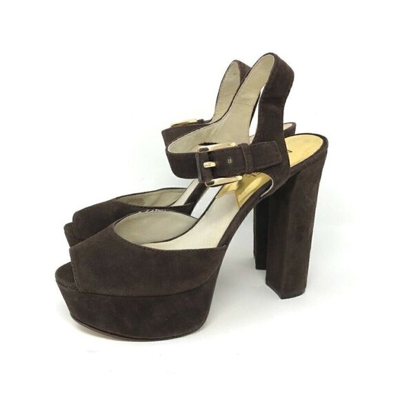 Michael Kors Platform Heels Shoes Brown Leather 9 - Picture 4 of 8